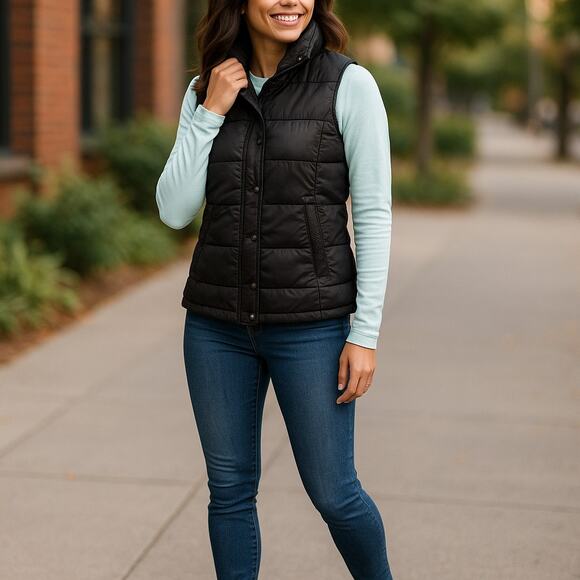 Express Womens Quilted Black Puffer Vest Size Large Duck Down Fill - Picture 1 of 9